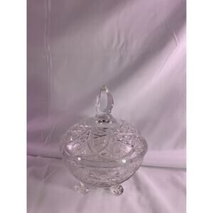 Vintage MCM Crystal Diamond Cut Glass Candy 3-Footed Dish With Lid 8" Tall